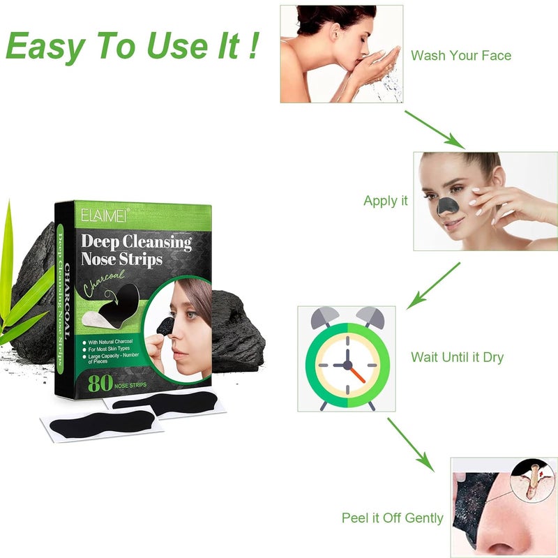 Yecuce ELAIMEI Pore Strips, 80 Pcs, Natural Charcoal Blackhead Remover Strips for All Skin Types, Pore Deep Cleansing & Minimizing Nose Strips, Instant Unclogging - Image 5